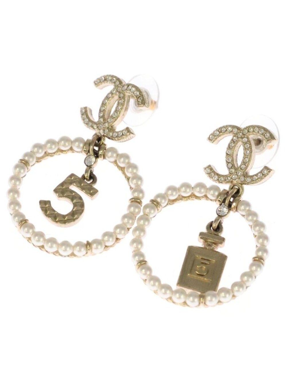 Chanel CC Logo Perfume Faux Pearl Rhinestone Earrings Gold